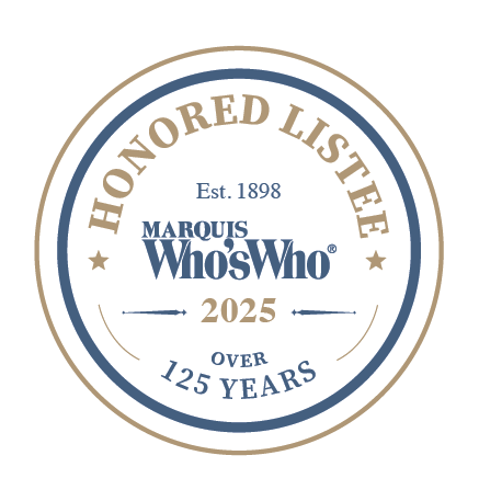 Marquis Who’s Who Honored Listee 2025 seal with gold and blue circular border, over 125 years, Est. 1898