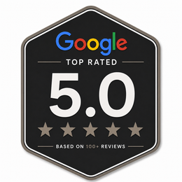 Google Top Rated badge with 5.0 stars and “Based on 100+ reviews” on a black hexagon.