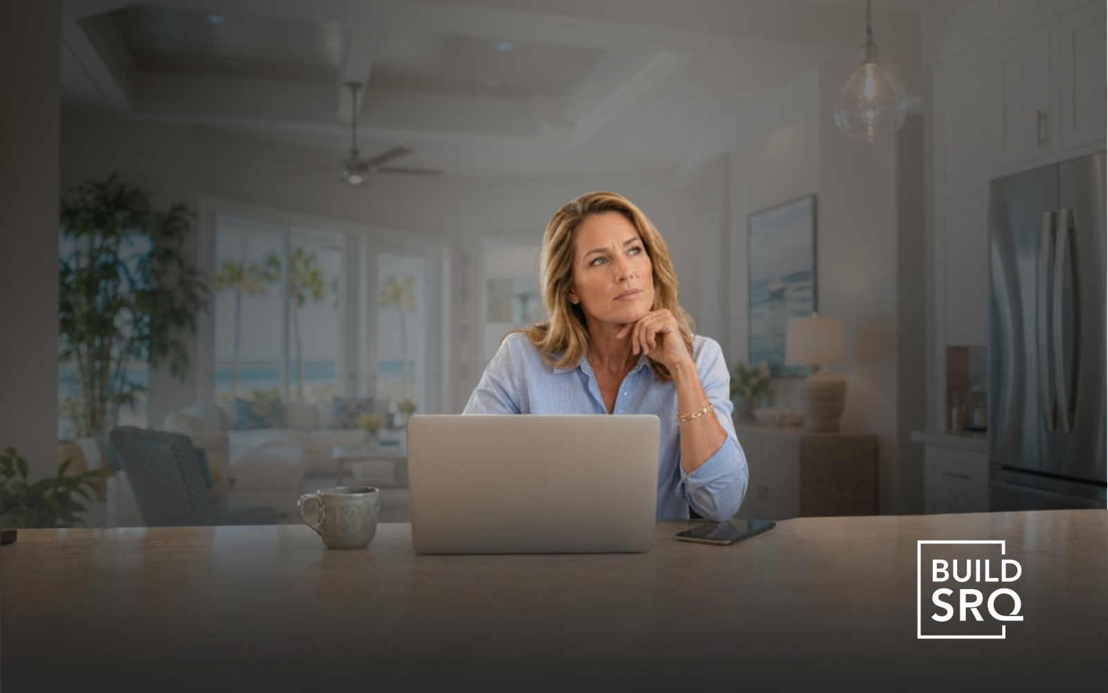 Woman using a laptop at a kitchen table in a bright home interior