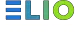 A blue and green elio logo on a white background