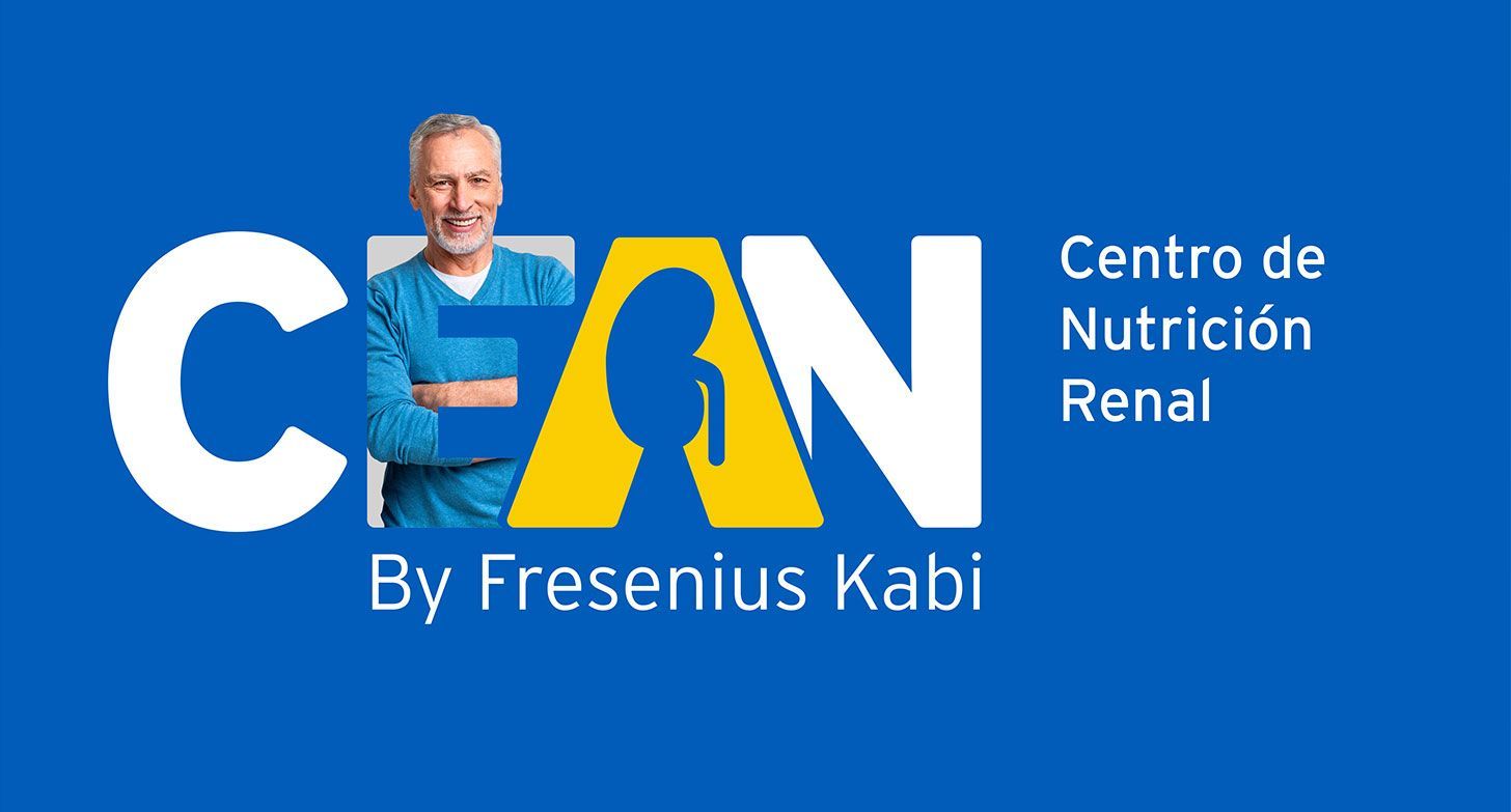 Logotipo del Centro de Nutrición Renal, con un hombre y un riñón. Fondo azul, texto 
