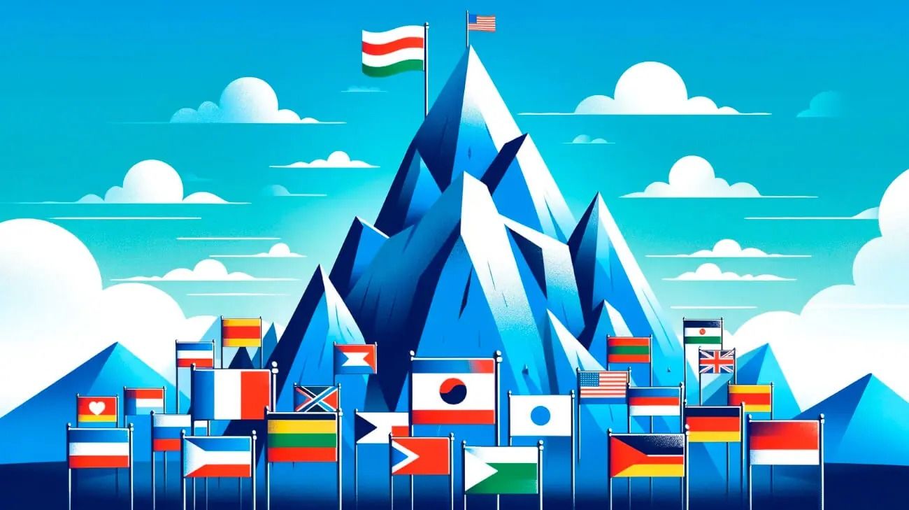 Banderas de varios países en la base de una montaña azul con dos banderas en la parte superior, que representan un logro global.