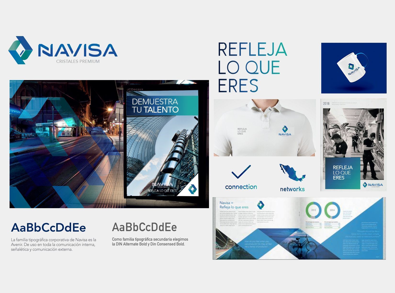 Branding presentation for Navisa, featuring logo, marketing examples in blue, and slogan 