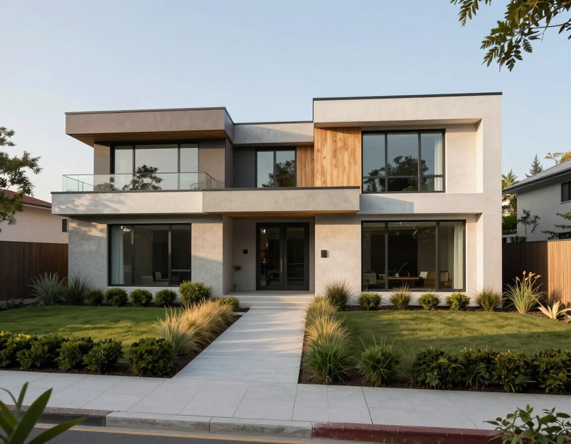 Newly completed custom home exterior with clean architectural lines