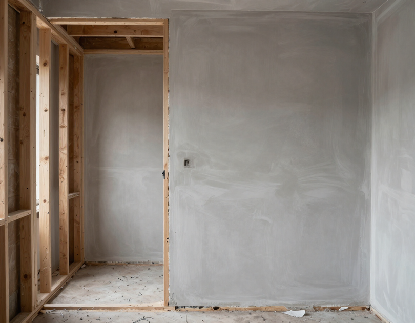 Mid-renovation interior showing exposed framing and freshly plastered walls