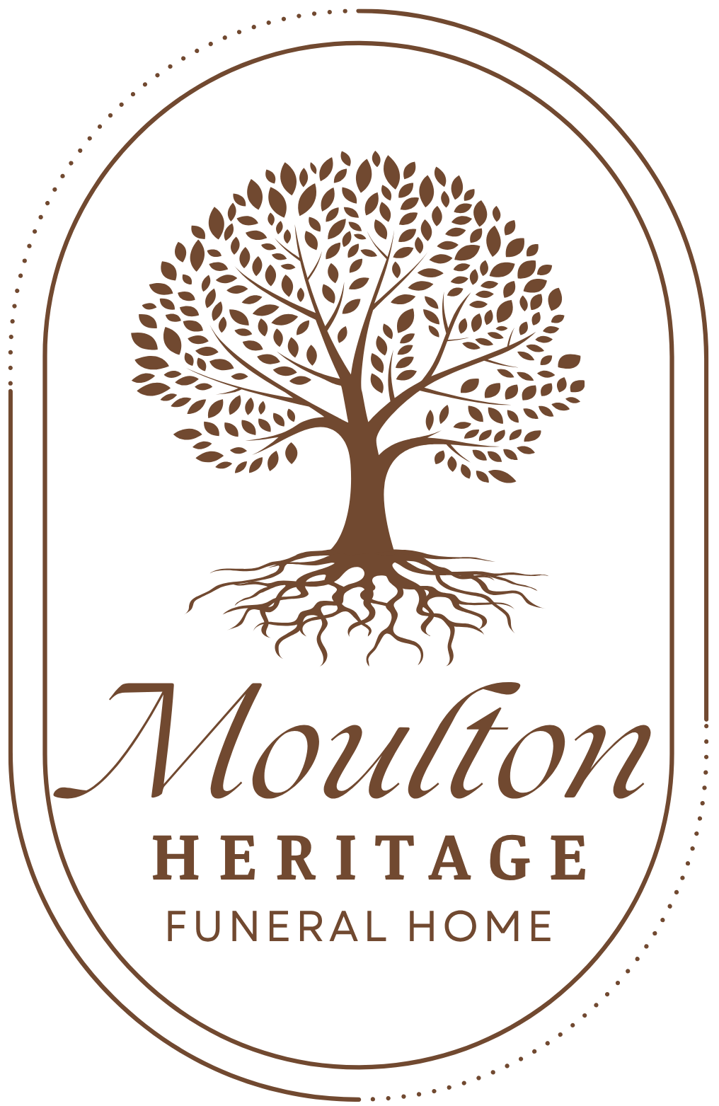 Moulton Heritage Funeral Home logo with brown tree in an oval frame