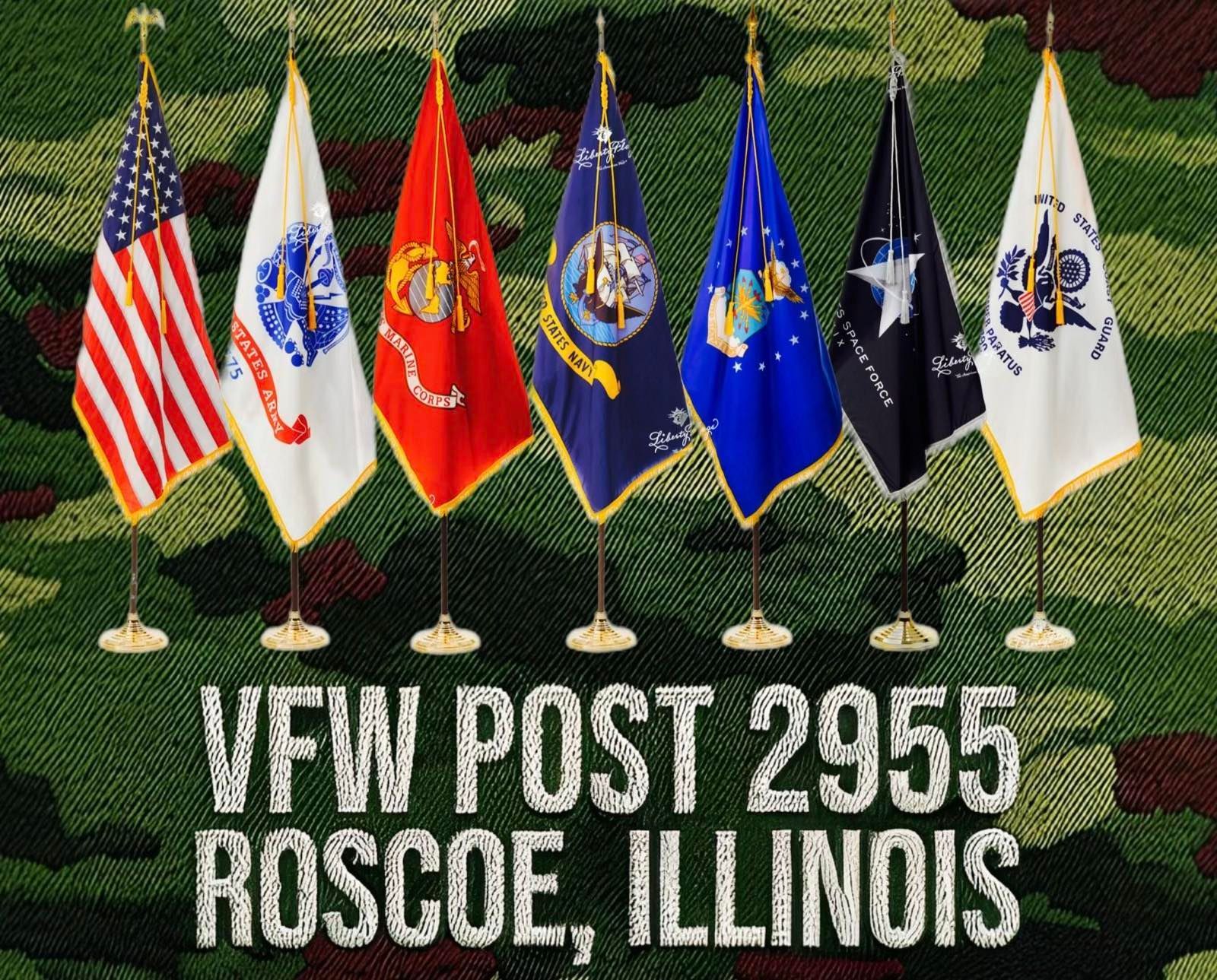 A row of flags with the words vfw post 2955 roscoe illinois