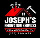 Joseph&rsquo;s Renovation Services logo with red house roof, tools, slogan, and phone number on black background