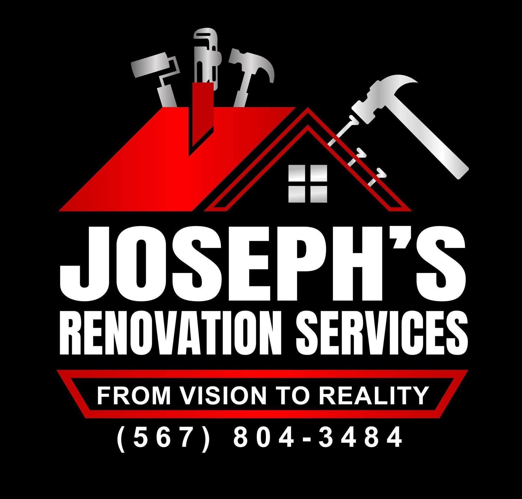 Joseph&rsquo;s Renovation Services logo with red house roof, tools, slogan, and phone number on black background