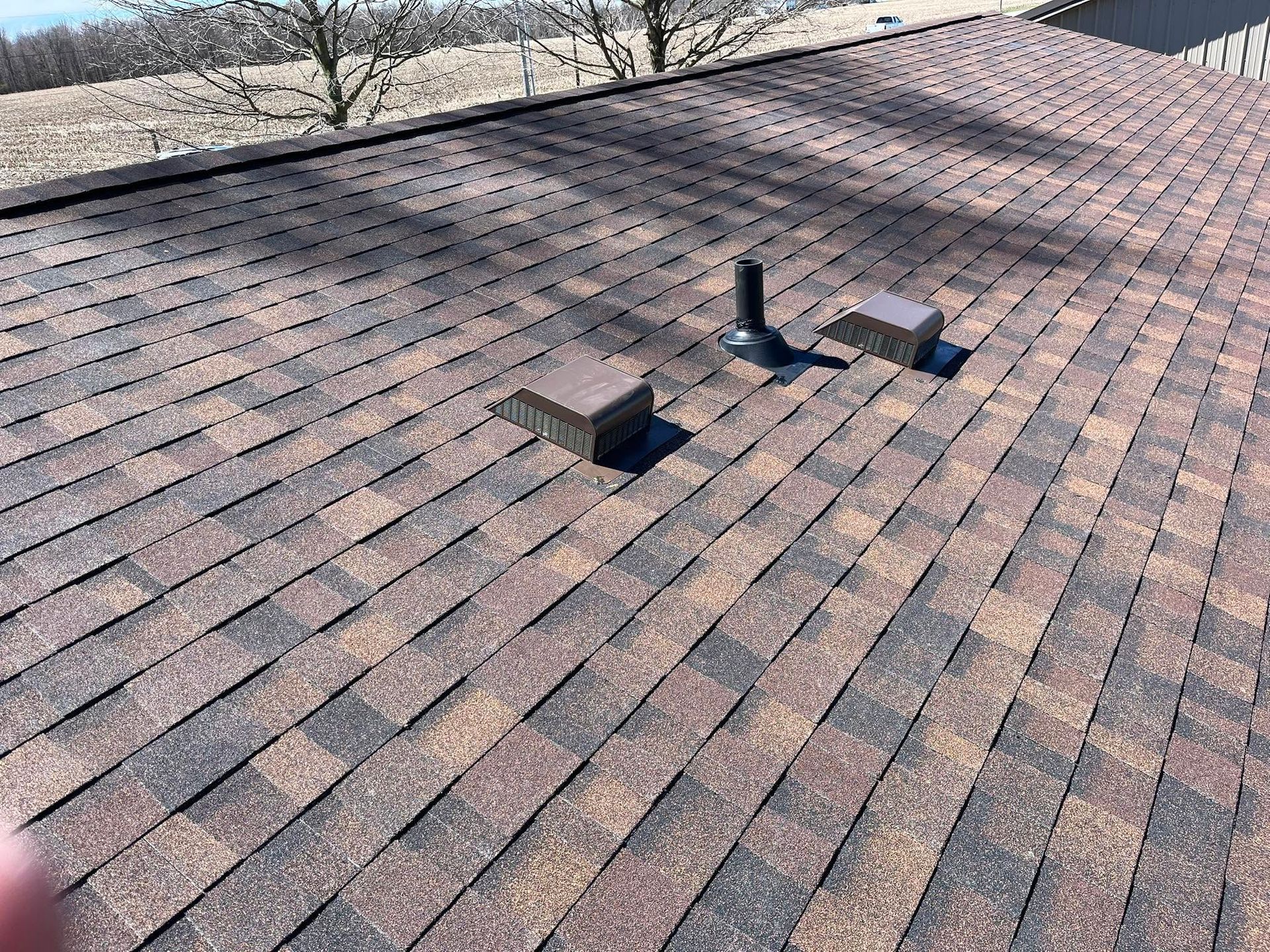 Brown shingle roof with several black vent pipes and roof protrusions, viewed from above