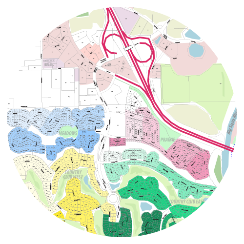 A colorful map of a city with a highway in the middle