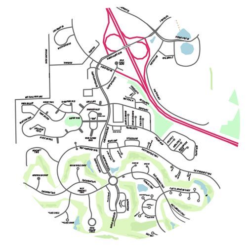 A black and white map of a residential area