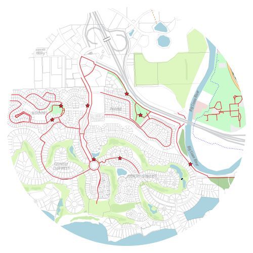 A map of a residential area with a river in the middle of it.