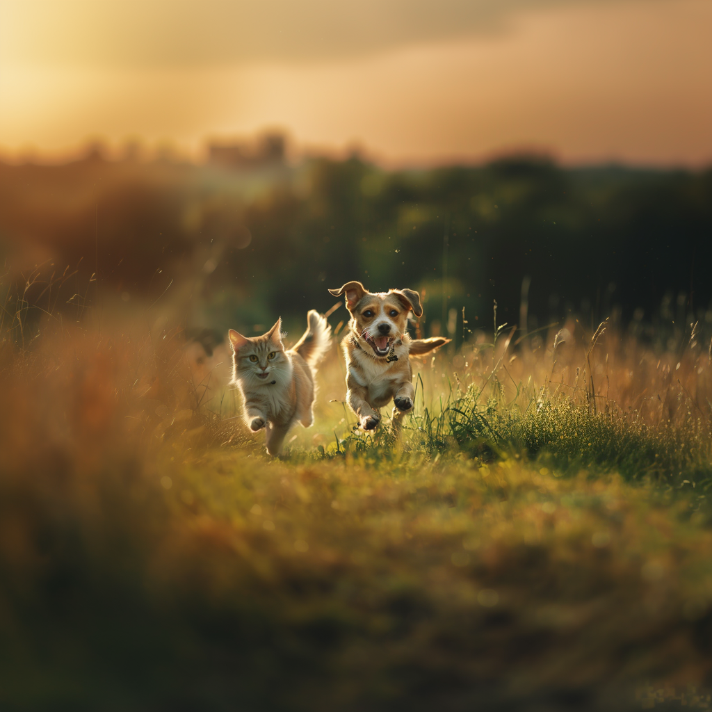 A dog and a cat are running in a field at sunset.