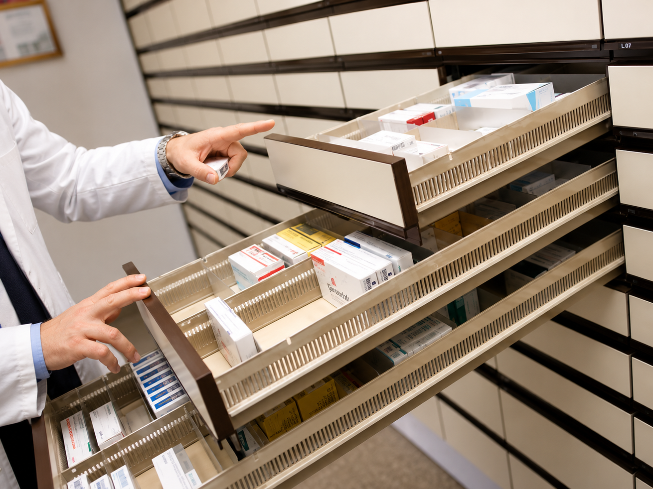 Mani che sistemano vassoi di medicinali etichettati in uno scaffale di una farmacia.