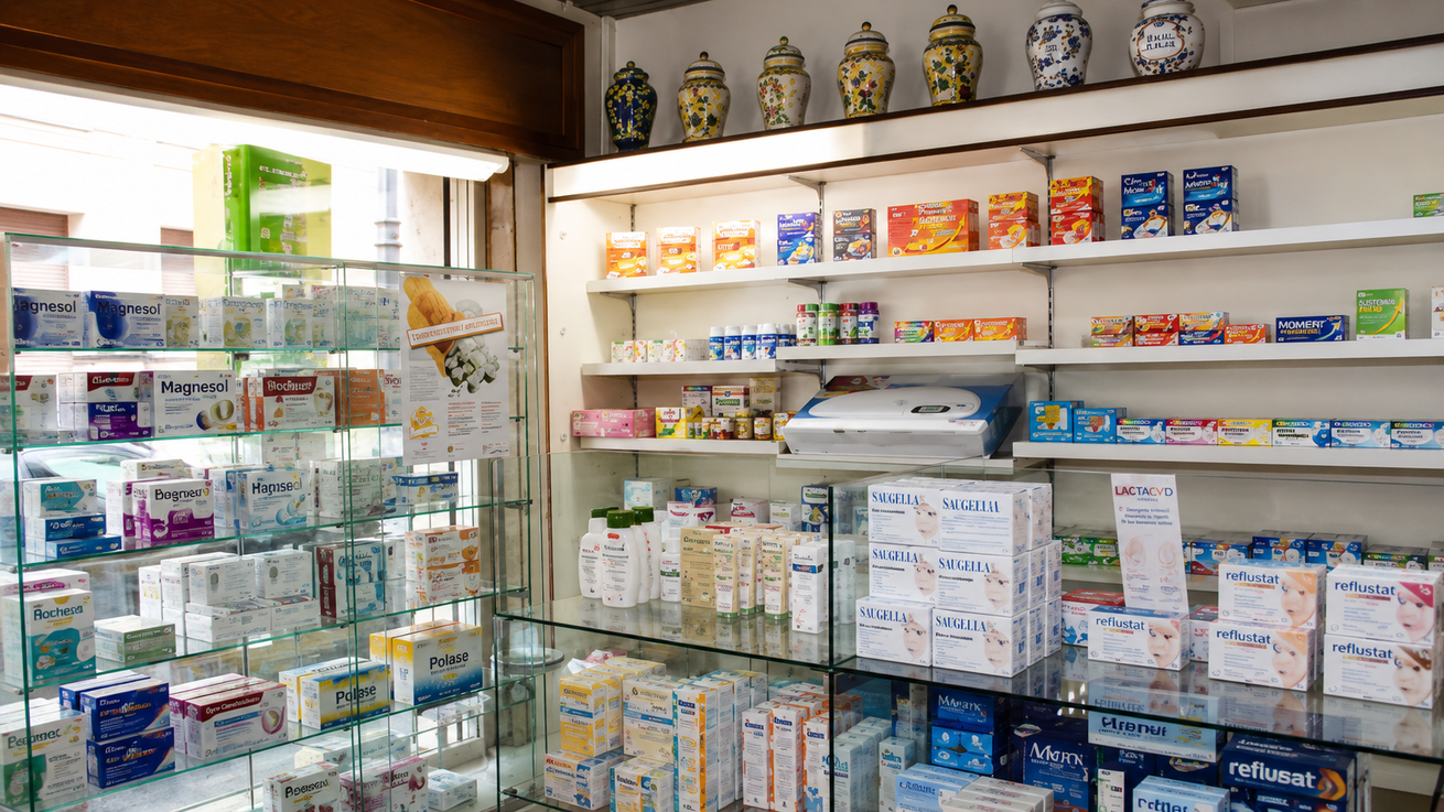 Interno di una farmacia con scaffali di medicinali e prodotti, vetrine espositive e un bancone.