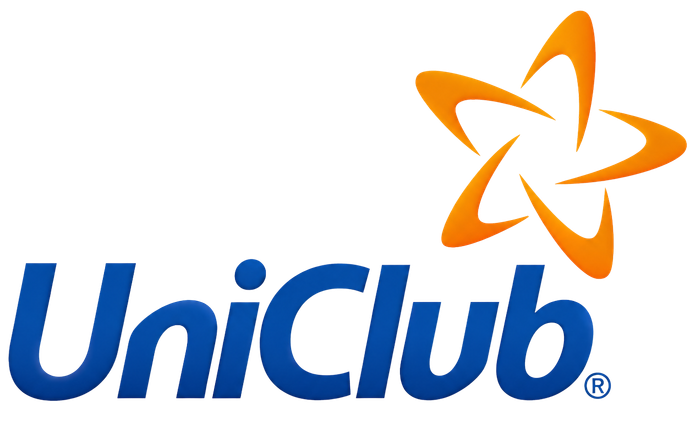 Logo UniClub in testo blu con un'icona a forma di stella arancione sopra di esso