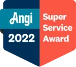 Angi Super Service Award 2022 badge. Teal and navy Angi logo, red award text.