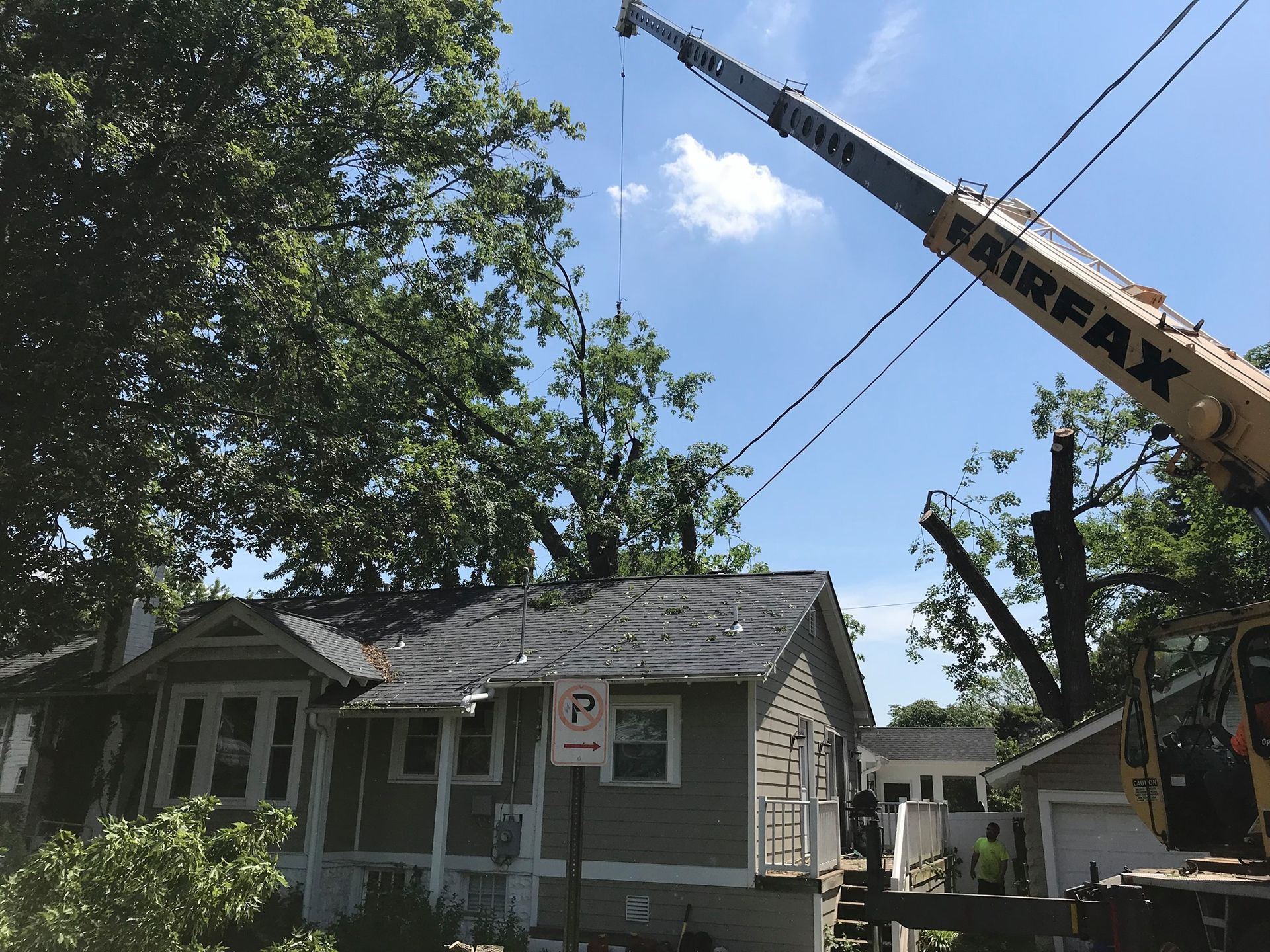 A crane removing a tree near a house, likely for safety. The sky is blue.