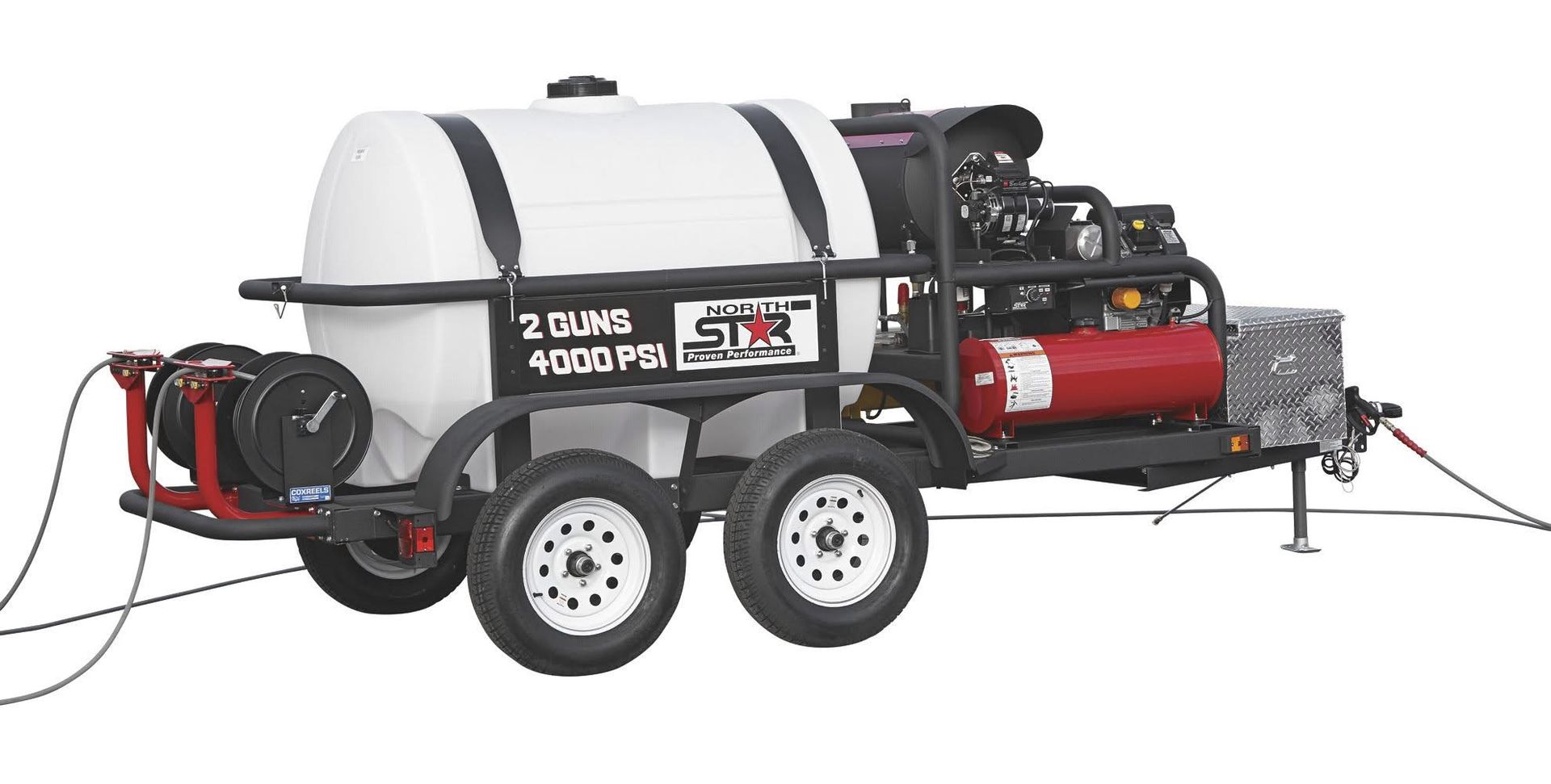 Trailer-mounted pressure washer with white tank, red cylinder, black frame, and multiple hoses.