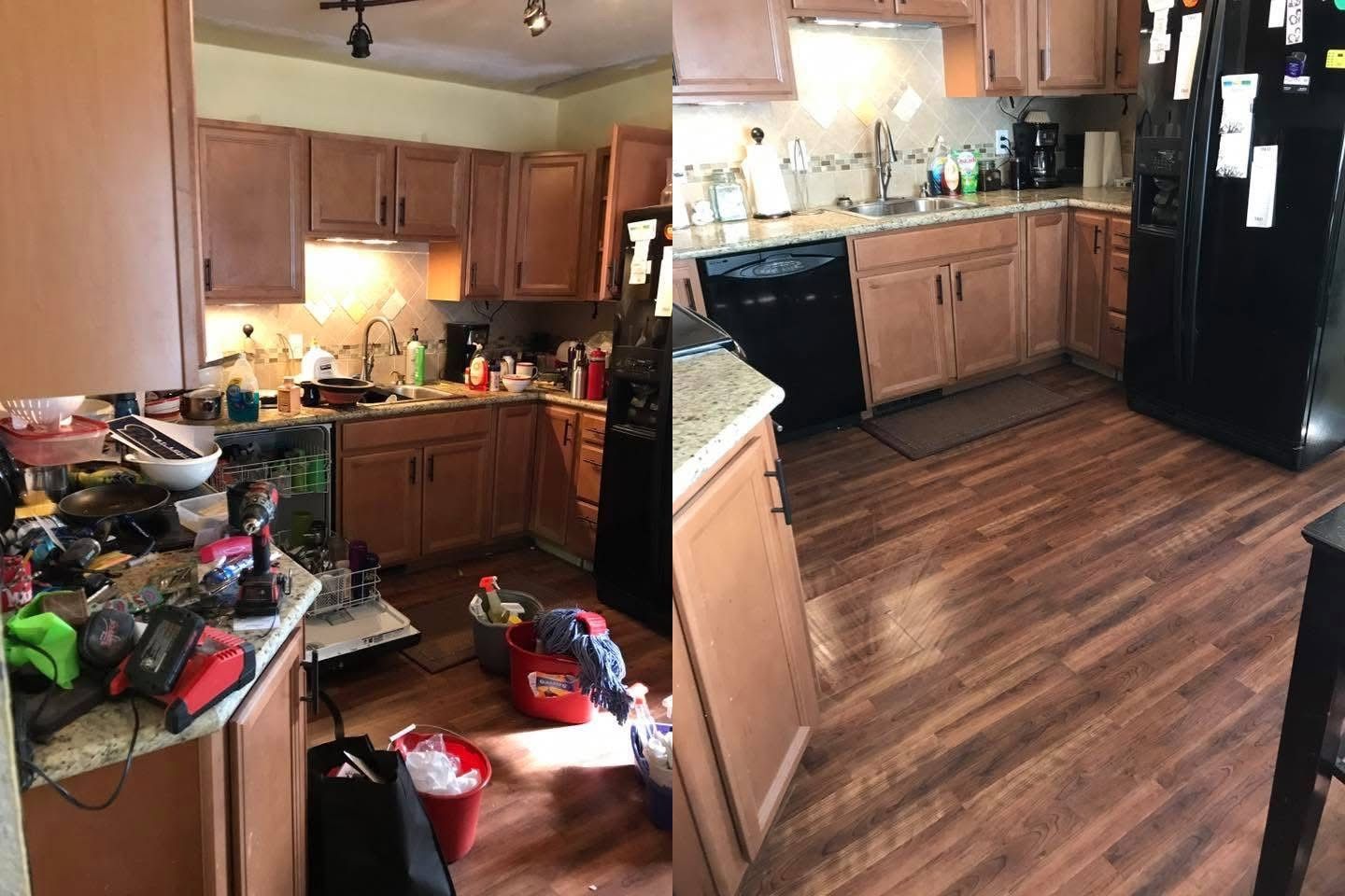 Before and after kitchen. Before: cluttered counter. After: clean counters, clean floor.