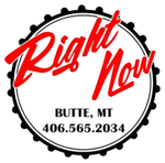 Logo for Right Now in Butte, MT: Red cursive text on a white circle with a black beaded border and phone number.
