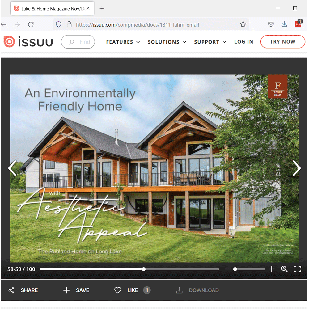 Cover of a magazine on Issuu: Environmentally friendly home with aesthetic appeal. Modern wooden house with large windows.