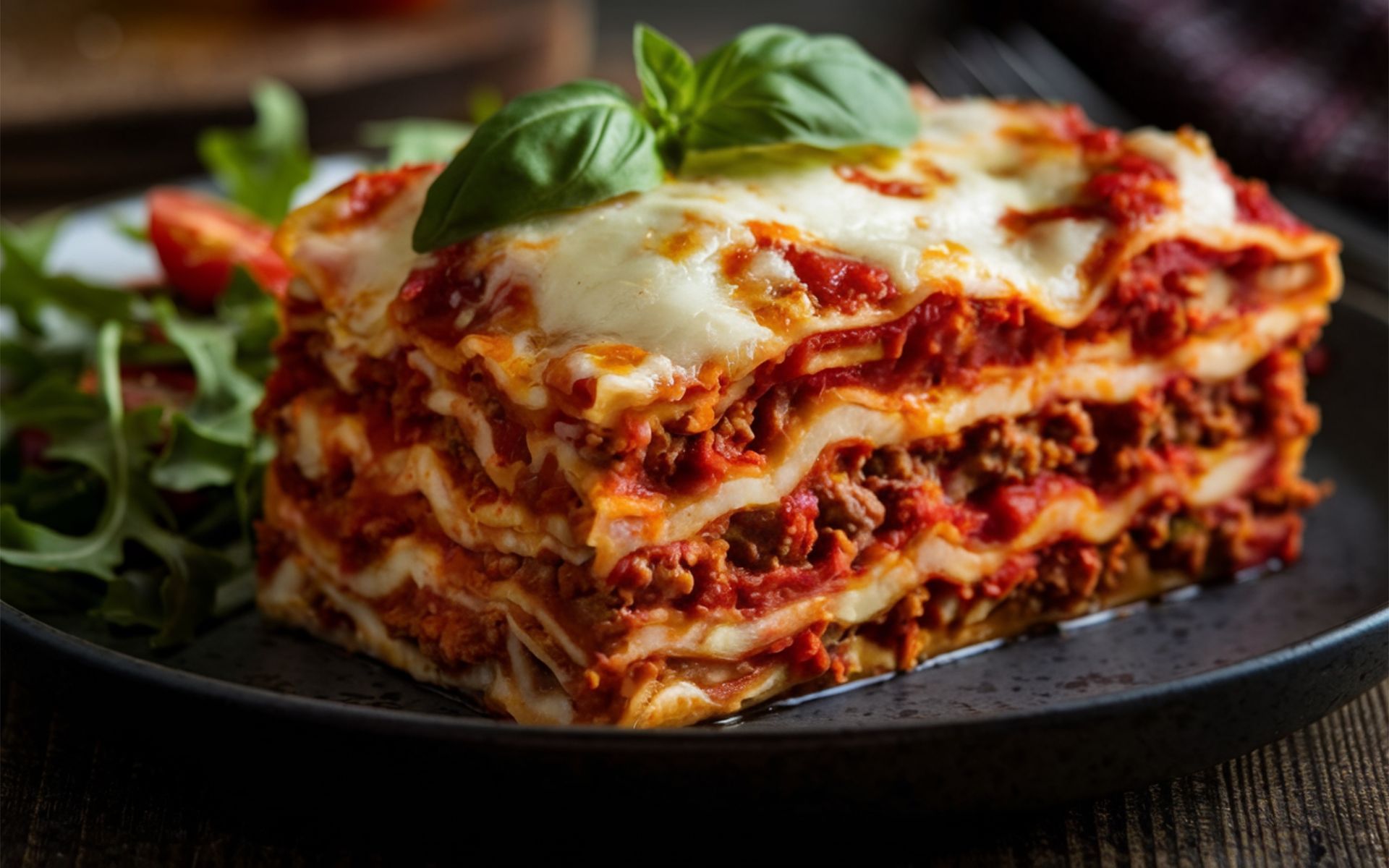 A close up of a slice of lasagna on a plate.