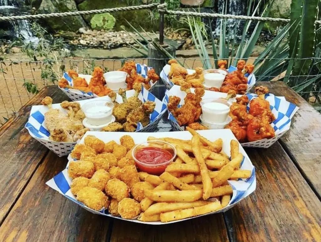 Baskets of fried chicken drumsticks, seasoned fries, tater tots, and dipping sauces on a wooden picnic table outdoors at Cosmic Coffee + Beer Garden, with desert plants and a small waterfall in the background.