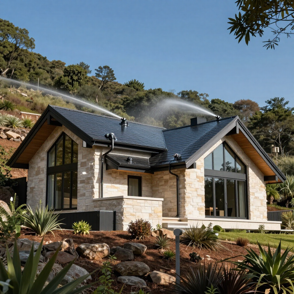 Hillside home undergoing wildfire defense system testing