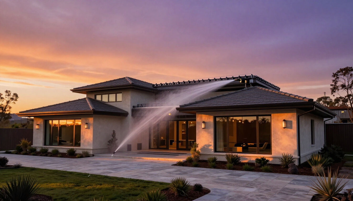 Modern single-story house at sunset with lit windows and sprinklers watering the front lawn