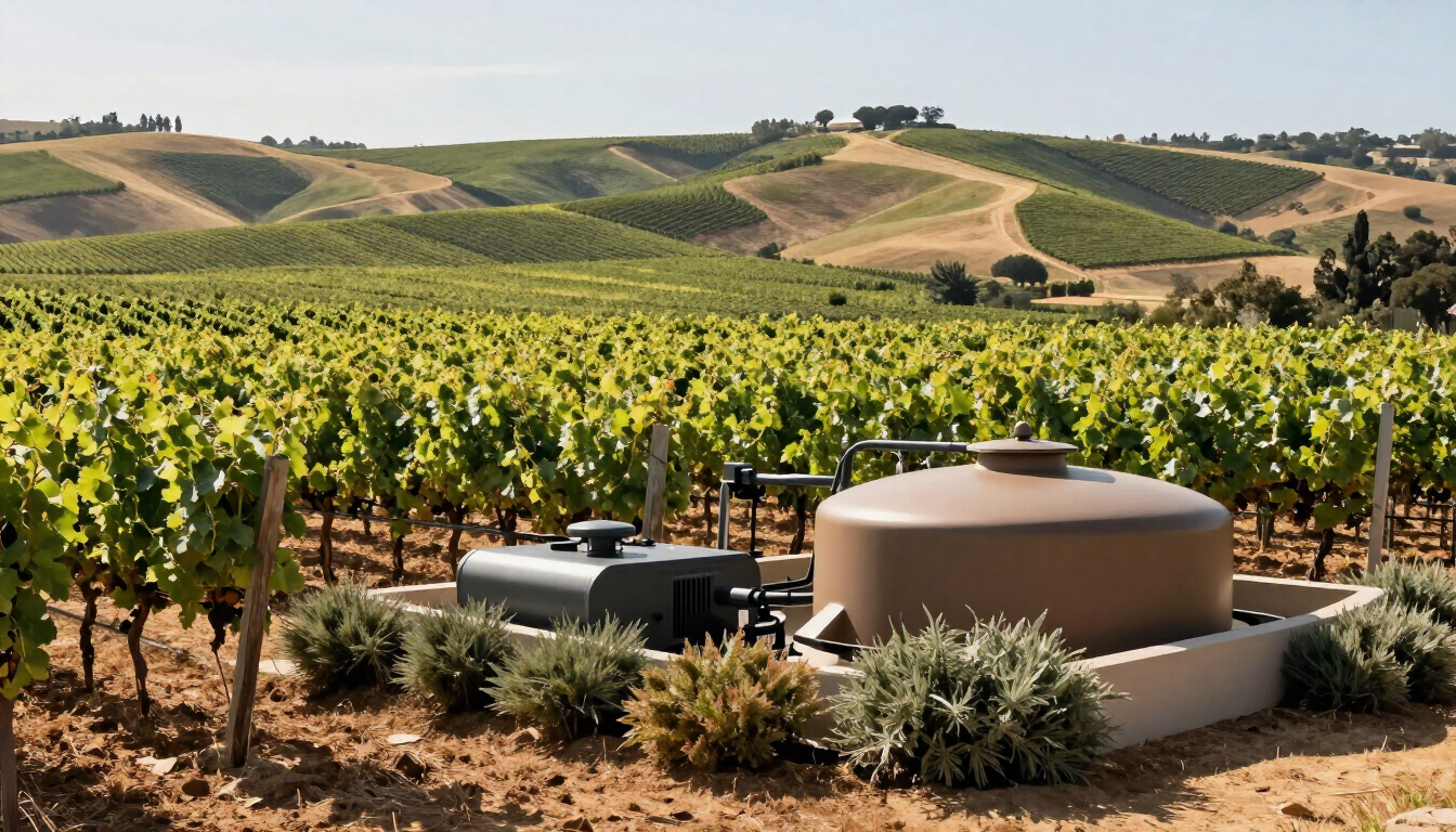 Vineyard rows with irrigation equipment in the foreground, set against rolling hills under a clear sky