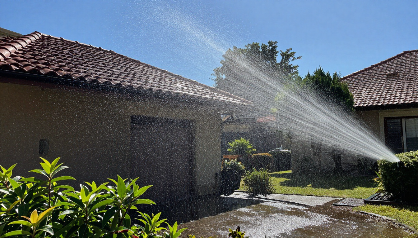 A sunlit courtyard with a house and garden plants being sprayed by a water sprinkler.
