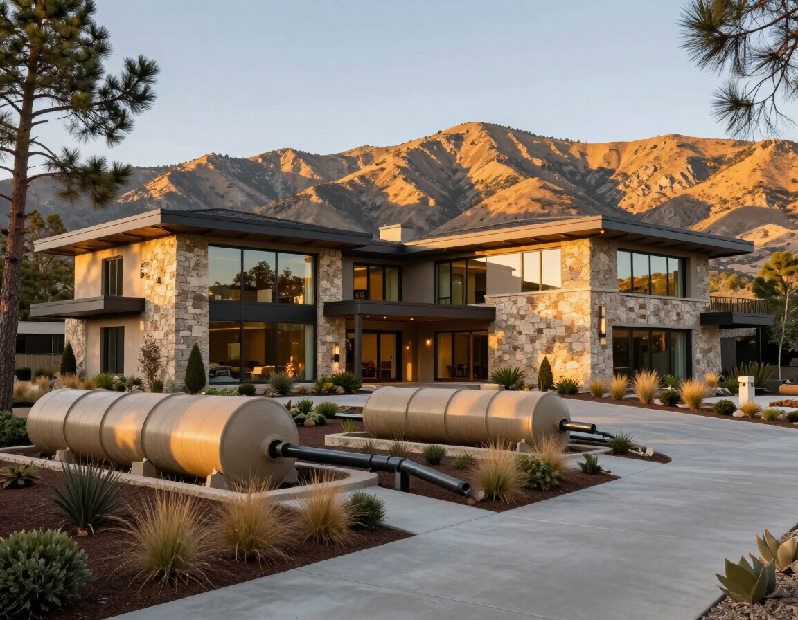 Modern stone house with large windows and mountain backdrop at sunset