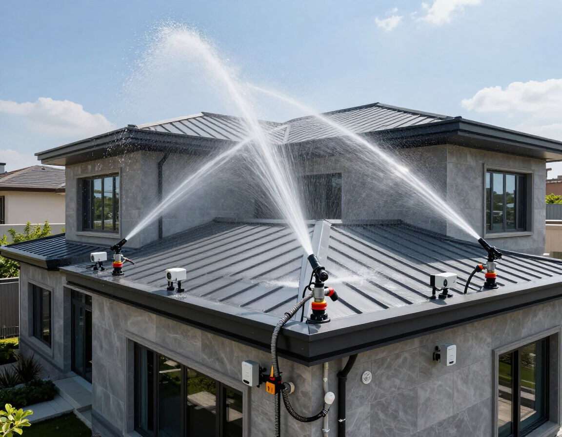 Roof under inspection with multiple workers spraying water over a modern house roof during a leak test