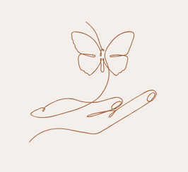 Lijntekening van een vlinder die boven een uitgestrekte hand zweeft op een beige achtergrond.
