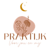 Logo for “PRAKTIJK voor jou en mij” with gold crescent moon and floral line art in blush and brown