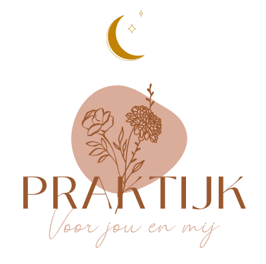 Logo for “PRAKTIJK voor jou en mij” with gold crescent moon and floral line art in blush and brown