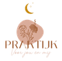 Logo for “PRAKTIJK voor jou en mij” with gold crescent moon and floral line art in blush and brown