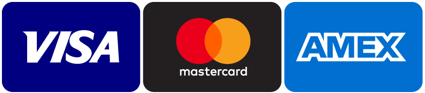 Accepted credit card payment methods including Mastercard, Visa, and American Express.