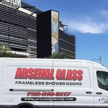 Arsenal Glass mobile service truck arriving at a commercial glass installation site in New Jersey.