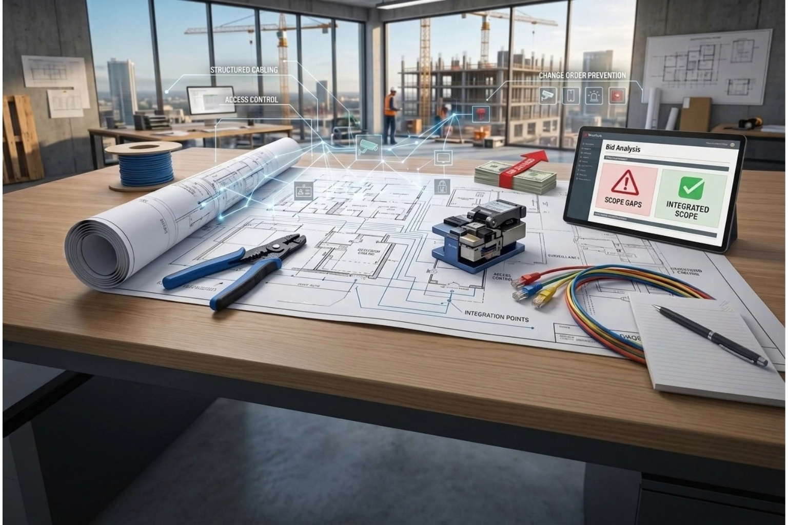 Architectural blueprint on desk with pen, circuit parts, and a tablet in a modern office or workshop.