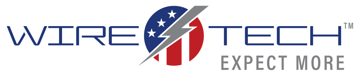 Logo for Wire Tech with red, white, and blue stripes and a lightning bolt. 