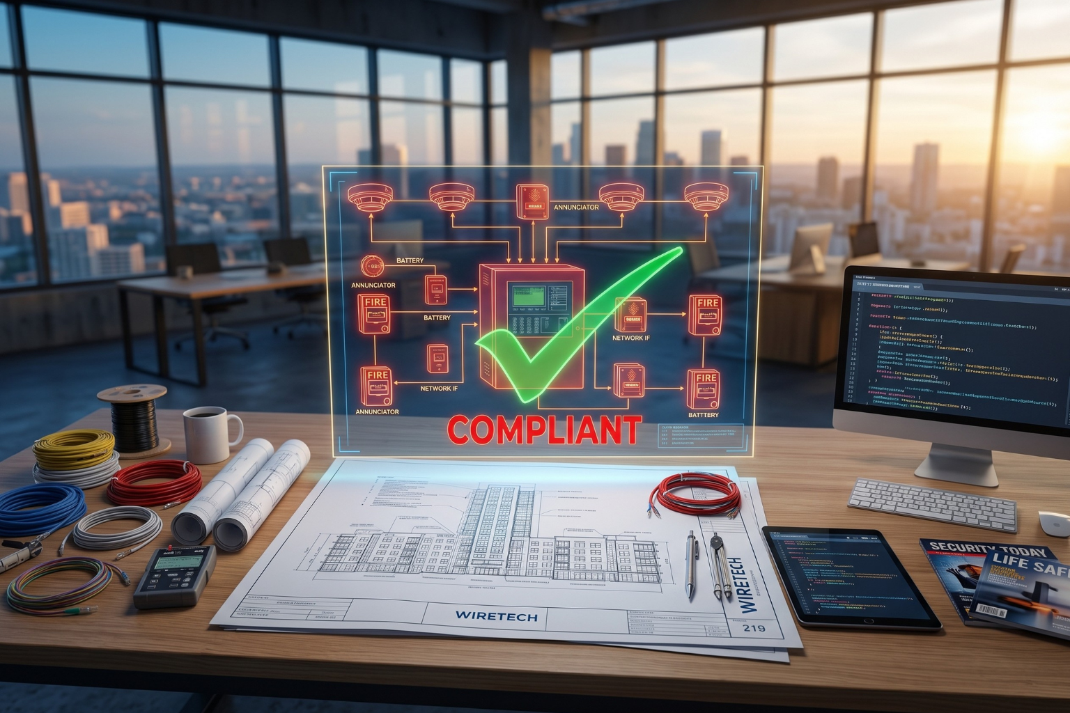 Office desk with compliance paperwork and a green checkmark over a city-view window.
