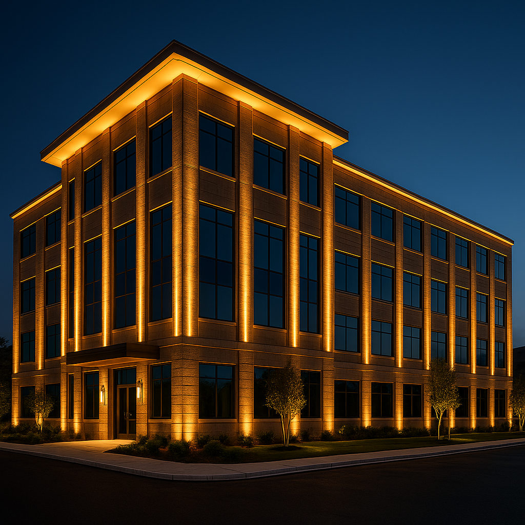 Modern commercial building illuminated with warm architectural lighting at dusk, showcasing uplighting on facade and structural details