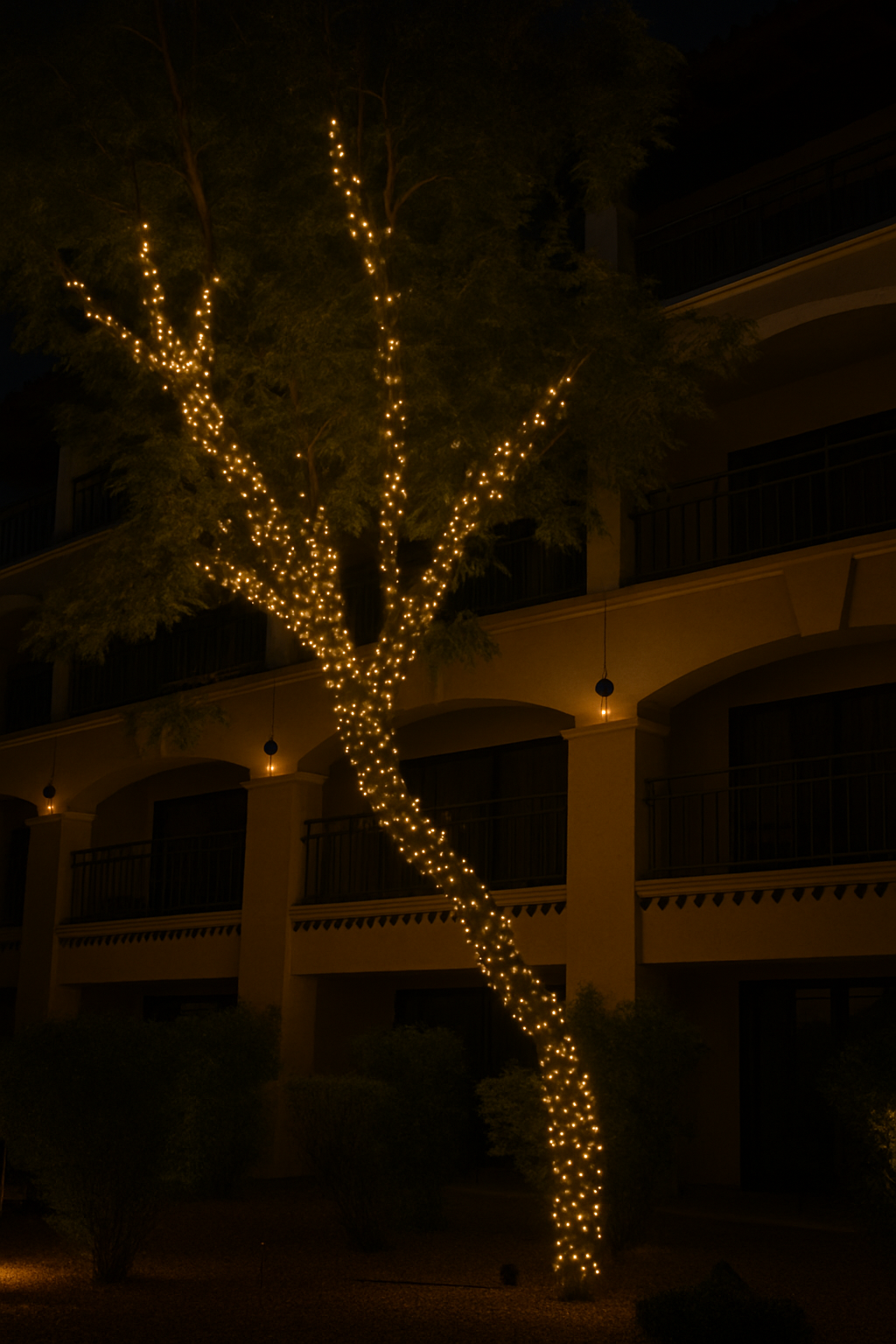 Commercial Christmas lighting installation in Arizona featuring a tree wrapped in holiday string lights in front of a resort-style building—perfect example of professional tree lighting installation