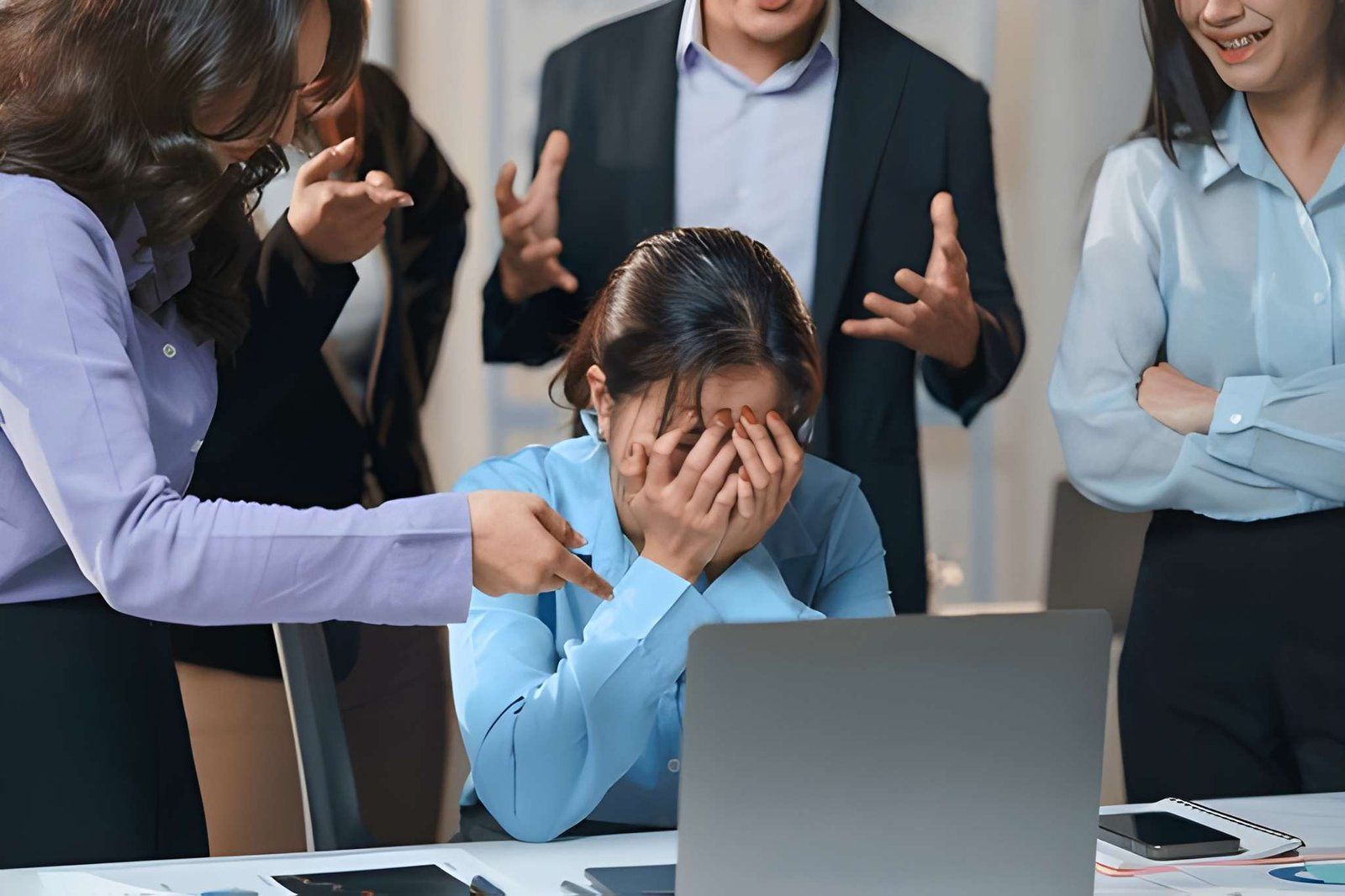 Employee Sits at a Desk While Being Confronted by Colleagues — Australian Employee Lawyers in Broadbeach Waters, QLD