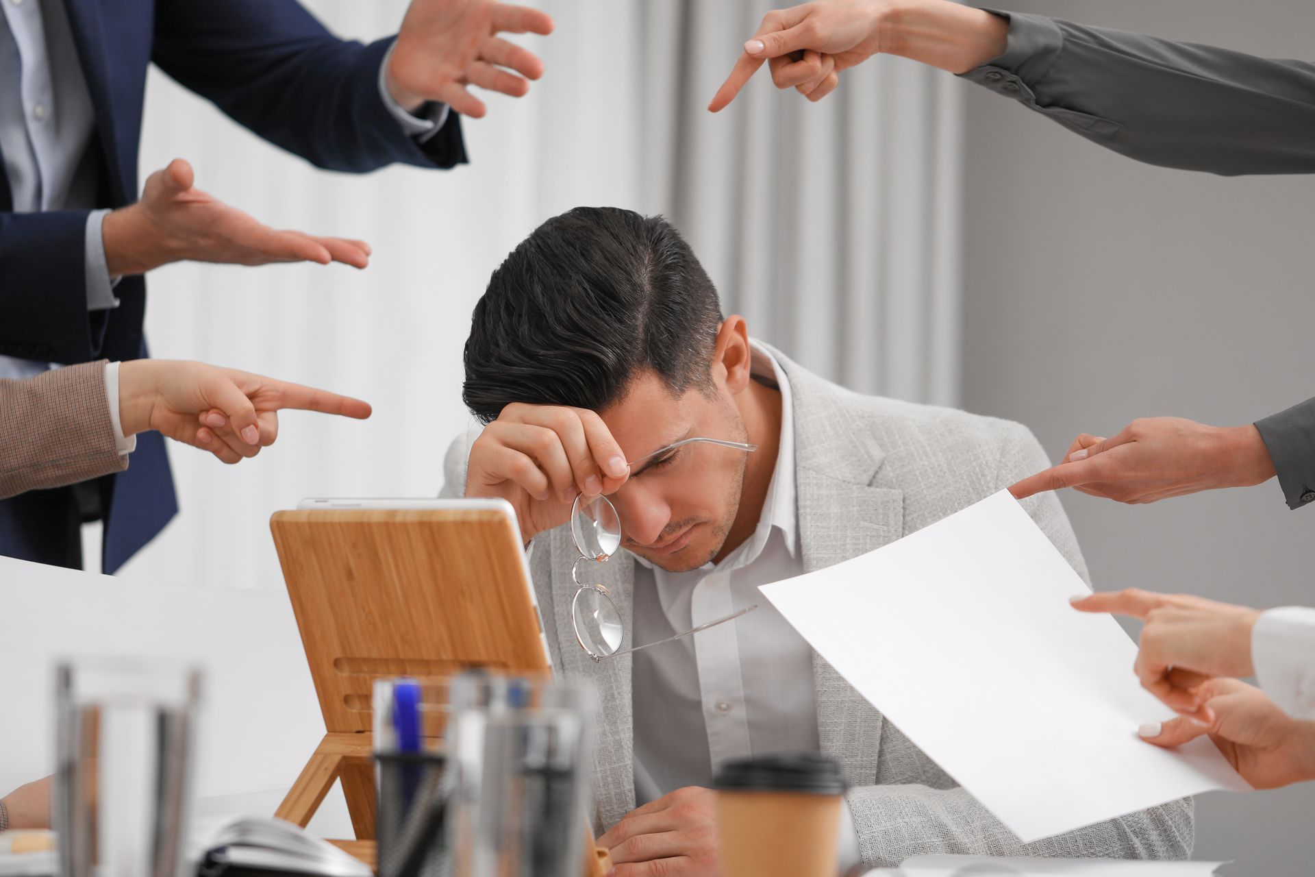 Employee Surrounded by Multiple Pointing Fingers, Suggesting Blame — Australian Employee Lawyers in Sunshine Coast, QLD