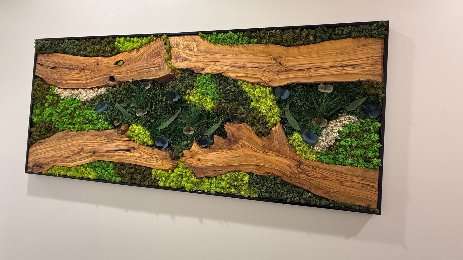 Framed moss art with cork bark pieces, shades of green, black frame, mounted on a white wall.