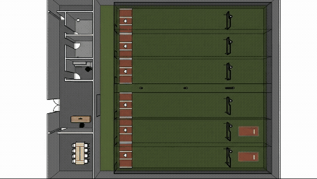 Animated layout showing batting cages, hitting stations, and a pitching area